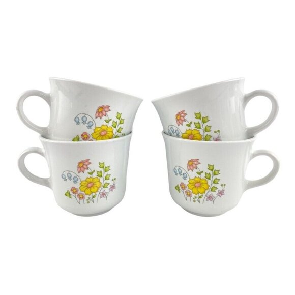 Corelle Coffee/Tea Cups Meadow Pattern Set of 4 White w Flowers - Picture 1 of 6